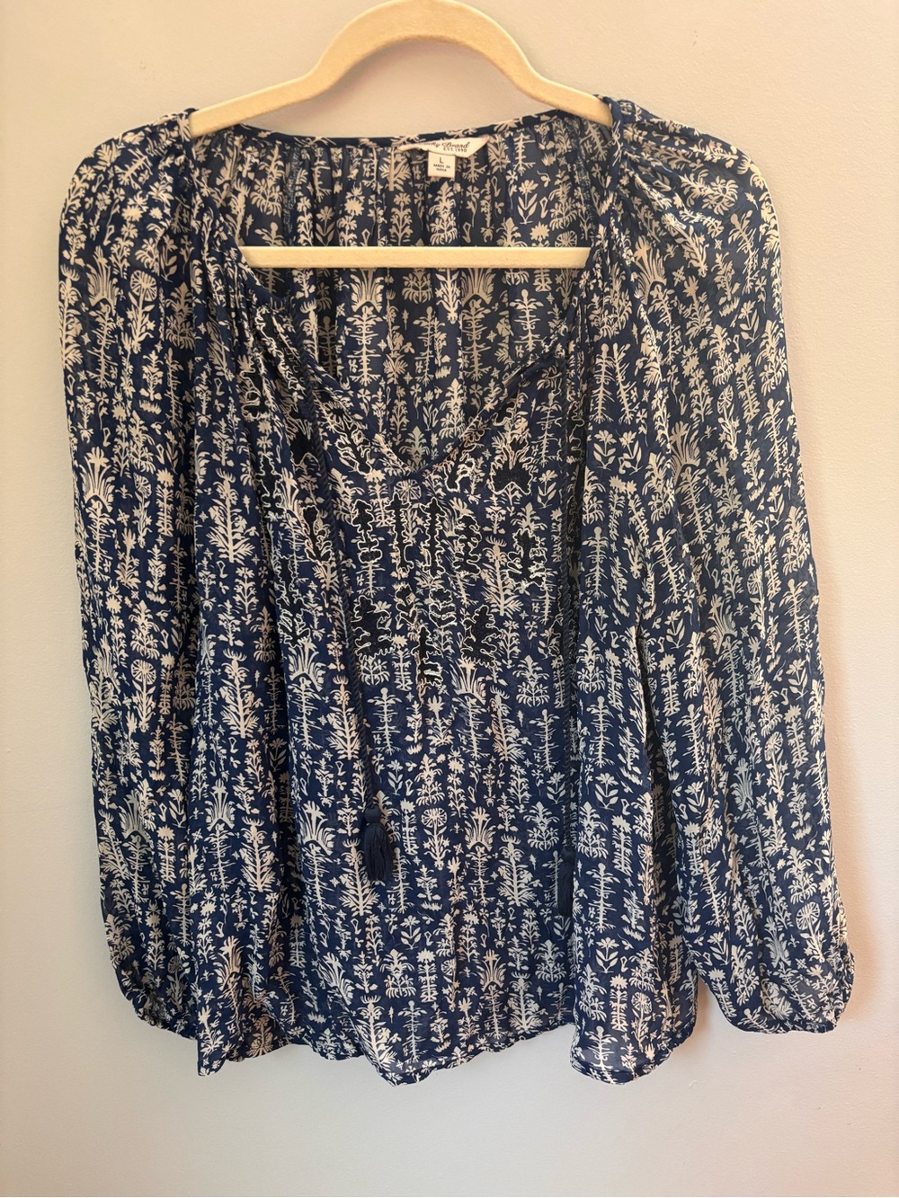 Lucky Brand Blue and Cream Patterned Blouse with Tassels